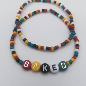 BAKED word bracelet, multicolored, beaded bracelet, stretchy bracelet