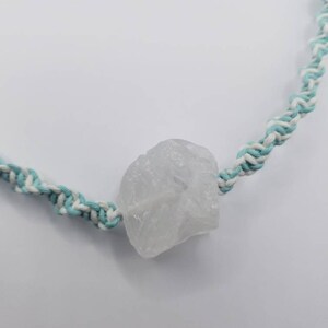 White and Teal hemp necklace with clear quartz stone, choker, surfer jewelry