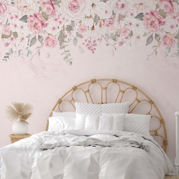 PASTEL FLOWERS BRUSH - wallpaper / Customized wallpaper / Pink and white flowers  / Watercolor flower / Wall Mural / Nursery wallpaper