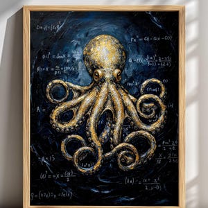 May include: A framed artwork showing a golden octopus on a dark blue backdrop. The octopus has detailed, textured tentacles. White mathematical equations are written around the octopus, giving the artwork a scientific theme.