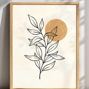 Geometrische kunst aan de muur, minimalistische botanische lijntekening met zon voor woonkamer of kantoor