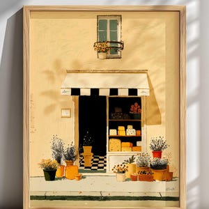 Flower Pots Wall Art Print, Vintage Minimalist Storefront Illustration for Kitchen or Dining Room