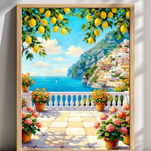 May include: A framed painting of a coastal Italian scene. The artwork depicts a balcony overlooking the sea, with potted flowers, a white balustrade, and a view of colorful buildings on a hillside. Lemon trees frame the top.