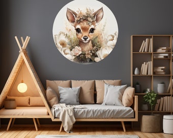 Sticker mural cerf botanique pour bébé, sticker mural rond, stickers muraux pour enfants, décoration de chambre de cerf, sticker mural cerf et fleurs,