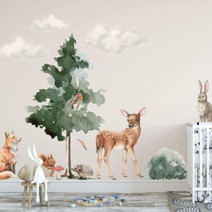 FOREST ANIMALS 2 wall stickers, nursery woodland wall decal, nursery watercolor forest stickers, kids wall decal, big set forest animals