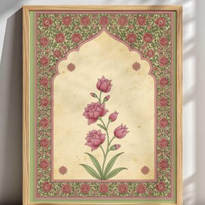 May include: A framed floral art print featuring a central image of pink flowers with green leaves. The artwork is set against a cream-colored background within an arched frame, surrounded by a floral border in shades of pink and green.