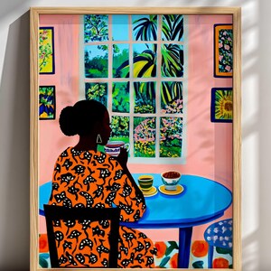 Afrocentric Wall Art Print, Modern Illustrative Portrait With Tea By Window For Living Room Dining Or Kitchen