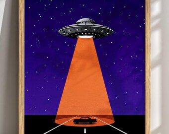 Retro Futurism Art Poster, Minimalist Sci-Fi UFO Over Car Under Starry Sky For Living Room Bedroom Office Or Game Room