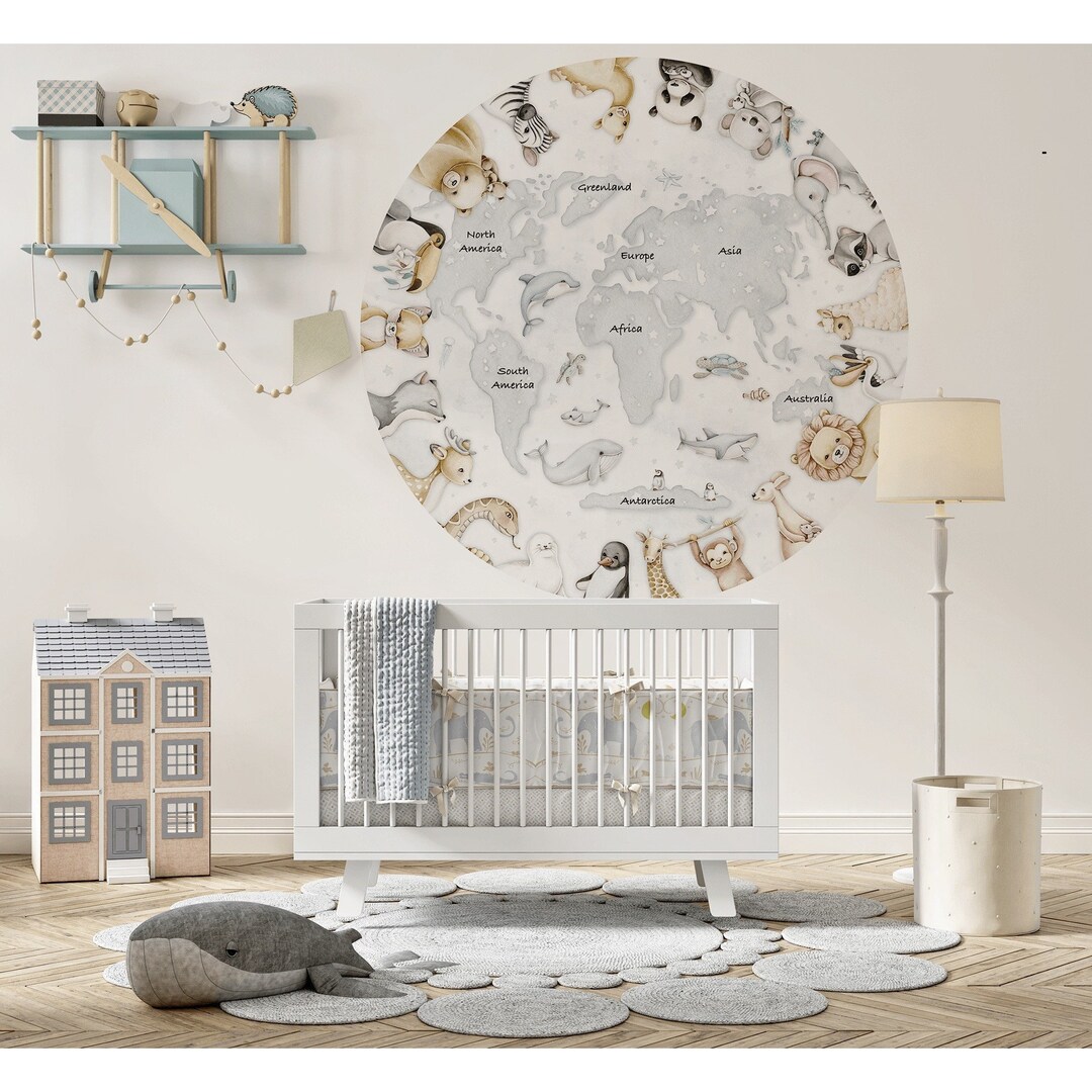 World Map for Boys, Magic Window, Round Wall Decal, Animal Map Wall