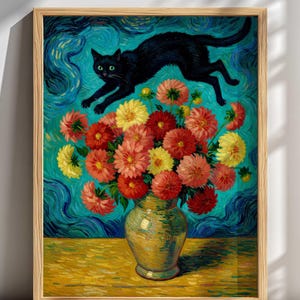 May include: A framed print of a painting featuring a black cat leaping over a vase of colorful flowers. The flowers are red, yellow, and orange, and the vase is a light green color. The background is a swirling blue and yellow pattern.