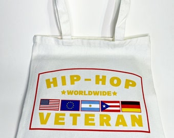 HIP HOP VETERAN worldwide tote bag color white