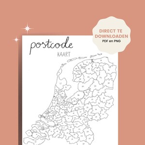 Op de afbeelding: Een zwart-wit kaart van Nederland met postcodegebieden, het woord "postcode" en "KAART" zijn geschreven in een handschrift. De tekst "DIRECT TE DOWNLOADEN PDF en PNG" staat in een cirkelvorm. De tekst "HOUD JE SALES BIJ EN BEHAAL DOELEN" staat onderaan.