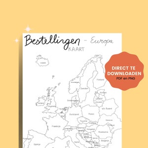 May include: A white map of Europe with country outlines, the text "Bestellingen - Europa KAART", and a red sticker that says "DIRECT TE DOWNLOADEN PDF en PNG". Includes illustrations of apples and a jar of applesauce.