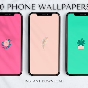 May include: Three smartphones displaying different wallpapers. The first phone has a pink background with a floral design. The second phone has a peach background with a feather design. The third phone has a green background with a plant design. Text at the top says "10 PHONE WALLPAPERS".