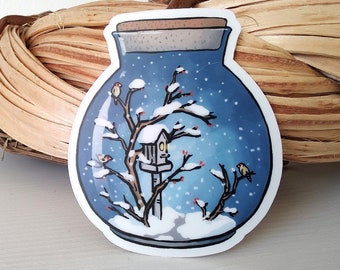 WINTER BIRDS Terrarium Sticker | Cozy Christmas Snow Globe | Matte Waterproof Vinyl Sticker