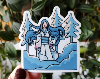 YUKI-ONNA Mythical Creature Sticker | Spooky Cute Pastel Yōkai Spirit Art | Matte Waterproof Snow Woman Laptop Decal