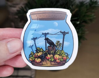 AUTUMN DAY CROWS Terrarium Sticker | Black Birds in Pumpkin Field October Snow Globe | Matte Waterproof Vinyl Decal