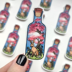 HASE IM FRÜHLING Terrarium Sticker | April Kirschblüte Natur Schneekugel | Matter wasserfester Wildtier Aufkleber