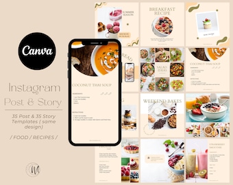Recipe Food Instagram Template Canva - Recipe Template - Healthy Eating Recipe Social Media Templates