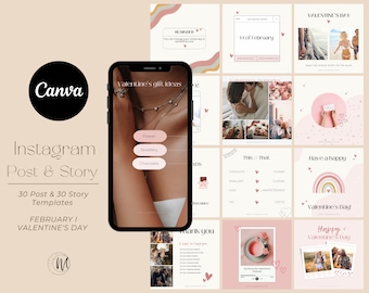 60 Valentine's Day Instagram Post & Story Template I Editable Canva Design Download
