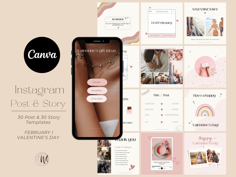 60 Valentine's Day Instagram Post & Story Template I Editable Canva Design Download image 1