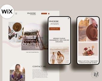 May include: A website for a photographer named Phoebe. The website features images of couples, weddings, and engagements. The website also includes a contact form and a pricing and FAQ section.
