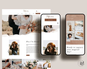 May include: Website homepage for Betty Lou Photography. The website features a photo of a couple getting married, a photo of a photographer taking a picture, and a section titled "Favourite Things" with photos of a dog, yoga, coffee, and a couple.
