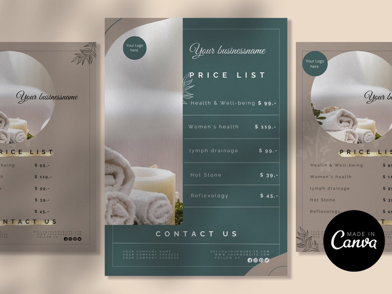 Editable Reflexology Price List Template I Wellness Price List Template