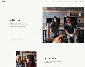 May include: Two people sitting in chairs in a room with a wooden wall. A dog is sitting in front of them. The text "our vision" is on the page. The text "TO CONNECT PEOPLE THROUGH STORYTELLING" is on the page.