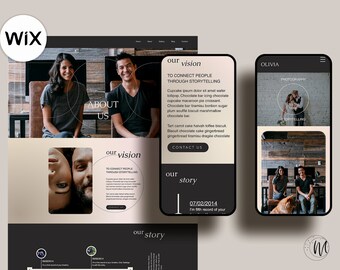 May include: A website screenshot showing a couple in a photo on the homepage. The website is for a photography business called Olivia. The website has a black and white color scheme with a modern design. The website also has a section for "our vision" and "our story".