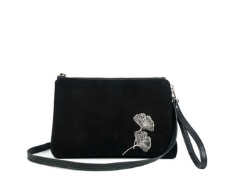 Gestickte LaubLeder Clutch Tasche, Crossbody Wildleder Geldbeutel für Frauen, einzigartiges handgemachtes Geschenk für Frauen, kleine Handgelenktasche, Schminktasche