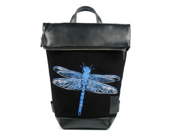 Leather and suede backpack with blue embroidered dragonfly, Handmade personalised backpack, Nature inspired rucksack, Gift for women,