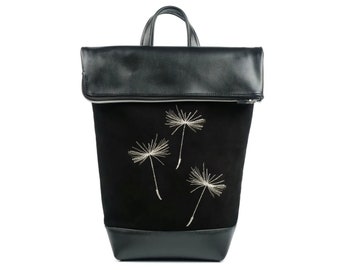 Leather and suede backpack, Machine embroidery dandelions, Handmade accessory, Gift for women, Functional spacious backpack for women