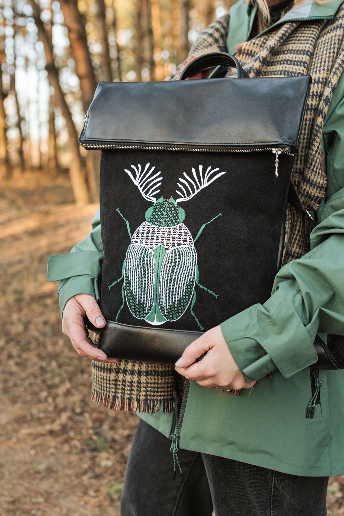 Leather Backpack With Embroidered Beetle Custom Backpack for Etsy