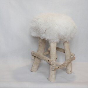 Exclusive Wooden Ottoman, Natural Sheepskin Pouffe, Handmade Minimalist chair, Scandinavian Style, Unique Handmade Furniture, image 2