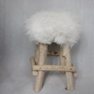 Exclusive Wooden Ottoman, Natural Sheepskin Pouffe, Handmade Minimalist chair, Scandinavian Style, Unique Handmade Furniture, image 4