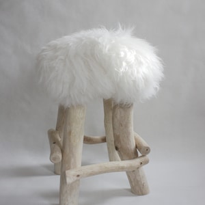 Exclusive Wooden Ottoman, Natural Sheepskin Pouffe, Handmade Minimalist chair, Scandinavian Style, Unique Handmade Furniture, image 1