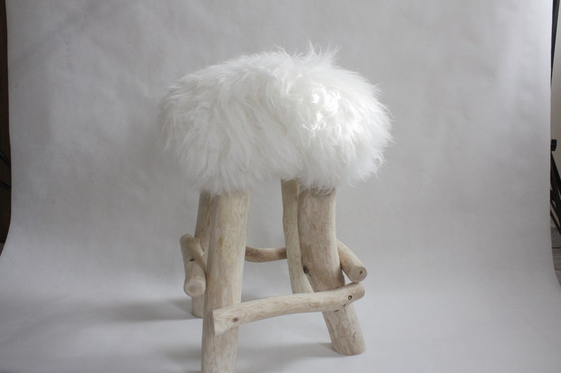 Exclusive Wooden Ottoman, Natural Sheepskin Pouffe, Handmade Minimalist chair, Scandinavian Style, Unique Handmade Furniture, image 1