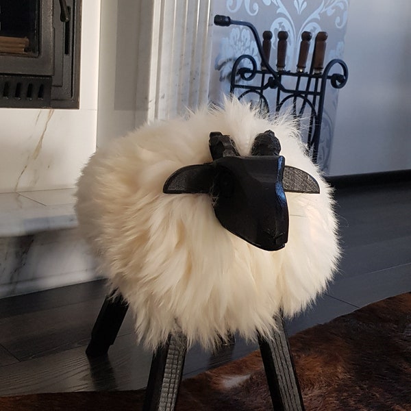 SMALL wooden Ottoman Footstool, Minimalism Home Decor, Handmade Gift for kids, Sheepskin Fur Interior White Dyed Sheepskin Footstool