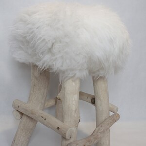 Exclusive Wooden Ottoman, Natural Sheepskin Pouffe, Handmade Minimalist chair, Scandinavian Style, Unique Handmade Furniture, image 7