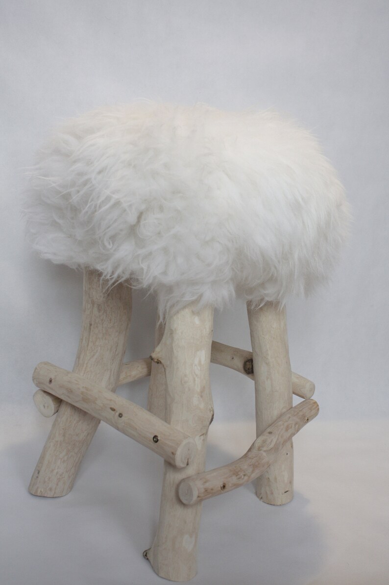 Exclusive Wooden Ottoman, Natural Sheepskin Pouffe, Handmade Minimalist chair, Scandinavian Style, Unique Handmade Furniture, image 7