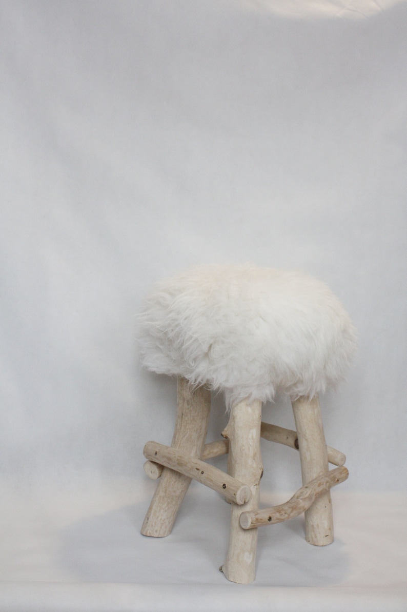 Exclusive Wooden Ottoman, Natural Sheepskin Pouffe, Handmade Minimalist chair, Scandinavian Style, Unique Handmade Furniture, image 2