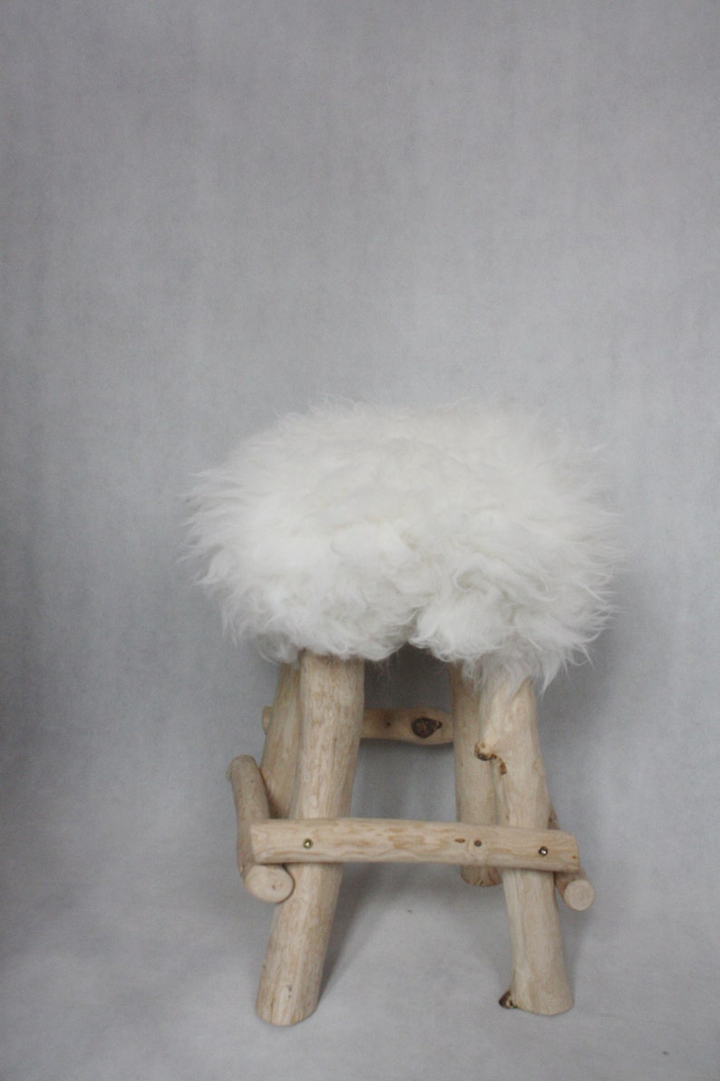 Exclusive Wooden Ottoman, Natural Sheepskin Pouffe, Handmade Minimalist chair, Scandinavian Style, Unique Handmade Furniture, image 4