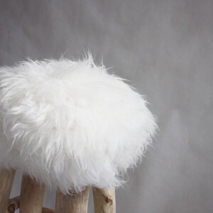 Exclusive Wooden Ottoman, Natural Sheepskin Pouffe, Handmade Minimalist chair, Scandinavian Style, Unique Handmade Furniture, image 5