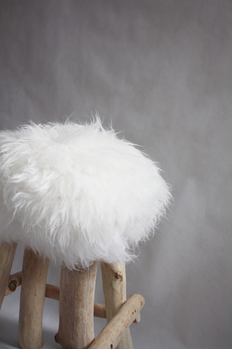 Exclusive Wooden Ottoman, Natural Sheepskin Pouffe, Handmade Minimalist chair, Scandinavian Style, Unique Handmade Furniture, image 5