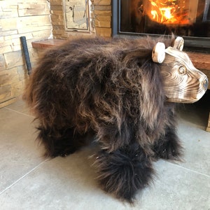 Bear Pouf Real Sheeepskin,  OttomanWooden Bear with Natural Sheepskin, Unique home decor, Bear Ottoman, Handmade, Scandinavian Design, Gifts