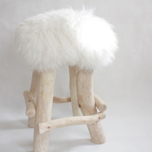 Exclusive Wooden Ottoman, Natural Sheepskin Pouffe, Handmade Minimalist chair, Scandinavian Style, Unique Handmade Furniture, image 6