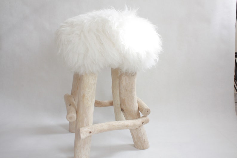 Exclusive Wooden Ottoman, Natural Sheepskin Pouffe, Handmade Minimalist chair, Scandinavian Style, Unique Handmade Furniture, image 6