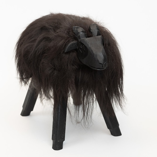Small Footstool Black Real Sheepskin, Leather Ottoman Footrest, Handmade Furniture and decorations, Unique Lovely Gift, Sheepskin Fur