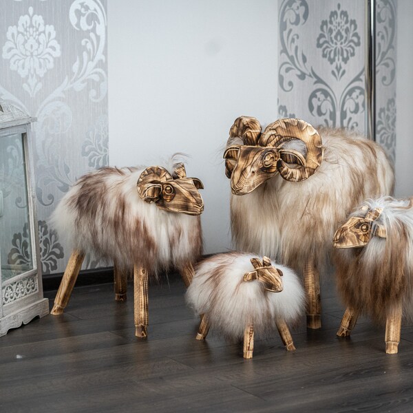 Pouf en peau de mouton véritable en bois, repose-pieds, décor de chambre original, cadeau de meubles en bois pour les enfants cadeau pour adulte, scandinave, fait à la main, véritable